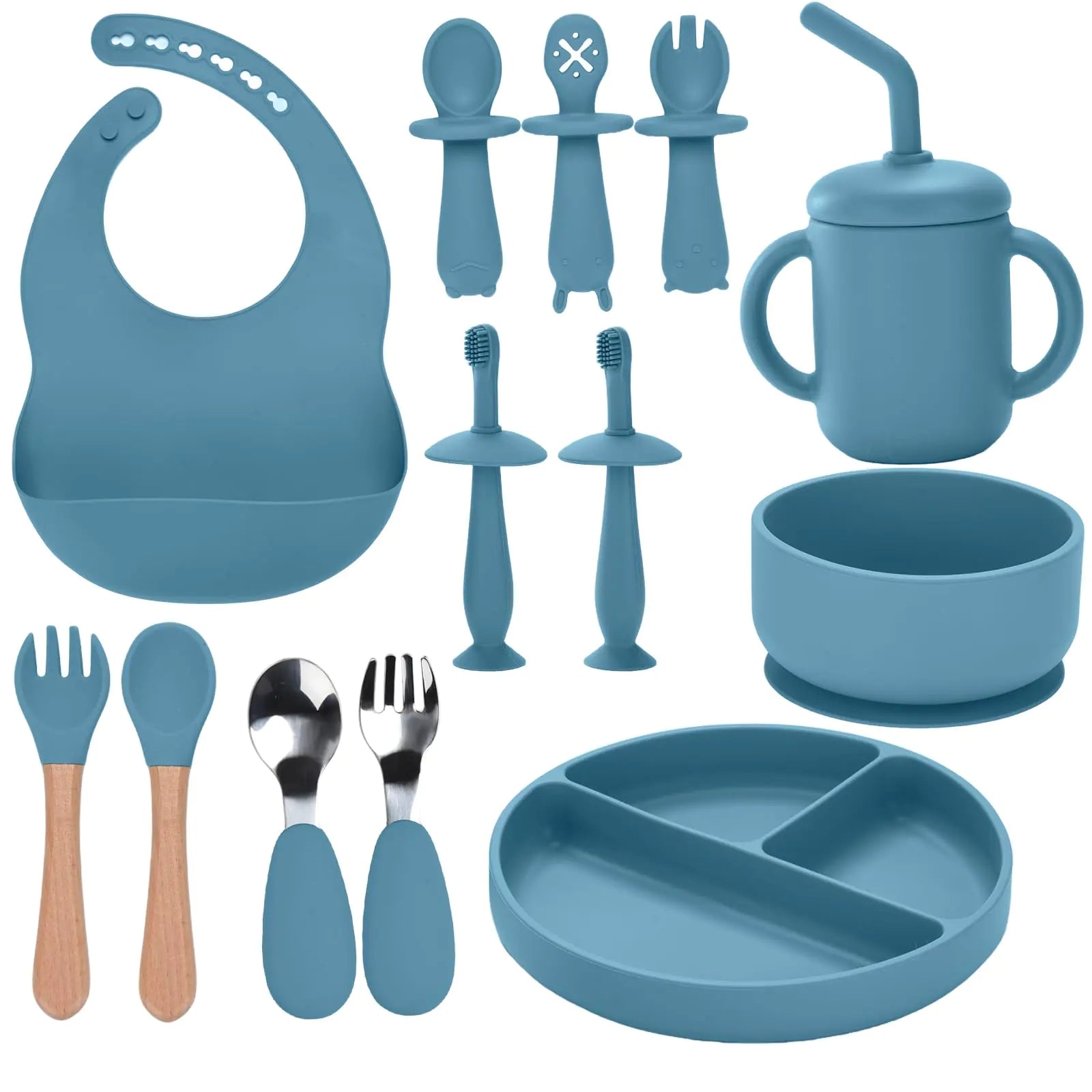 Silicone Baby Feeding Set – 13PCS Essentials for 6+ Months (Blue)