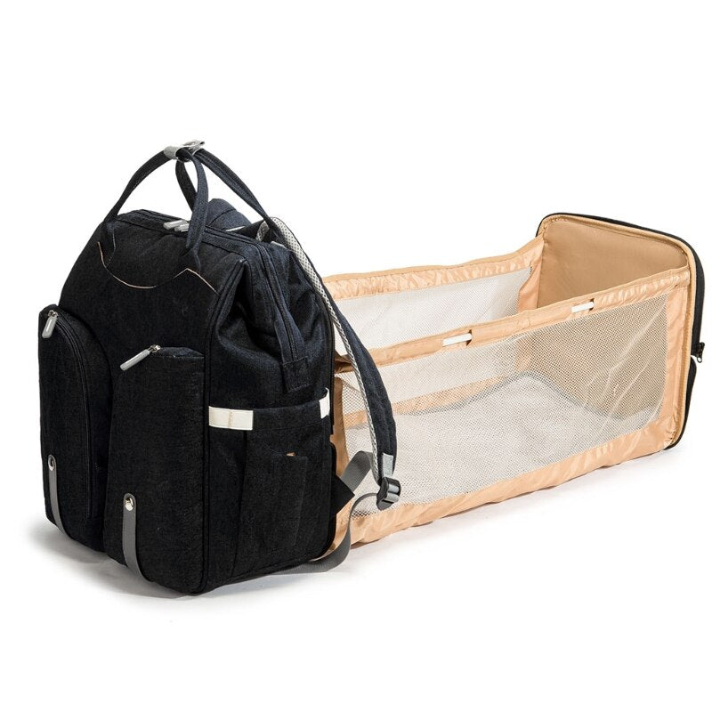 Baby Nappy Changing Bag – Portable Diaper Backpack with Folding Crib