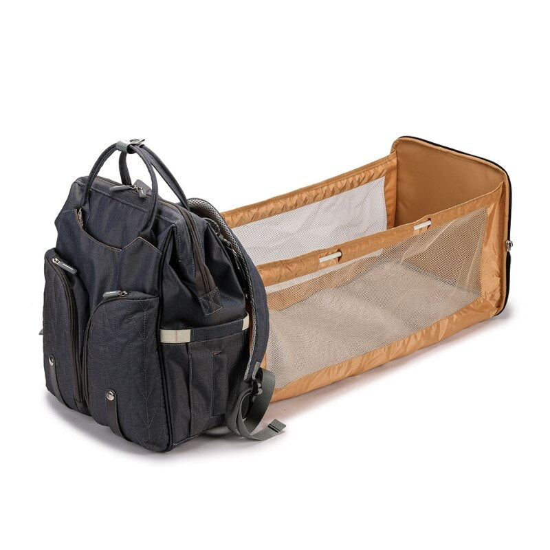 Baby Nappy Changing Bag – Portable Diaper Backpack with Folding Crib