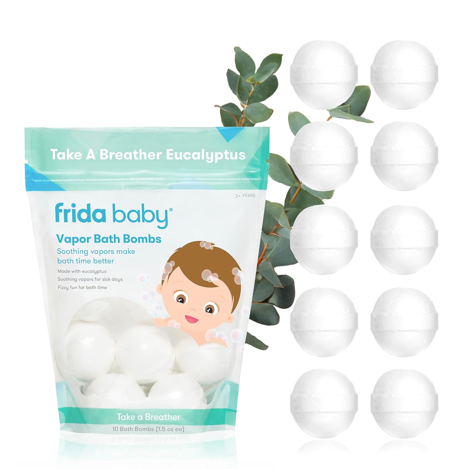 Frida Baby Natural Vapor Bath Bombs for Toddlers & Kids, Eucalyptus Essential Oil Bath Bombs for Aromatherapy, 10 Count