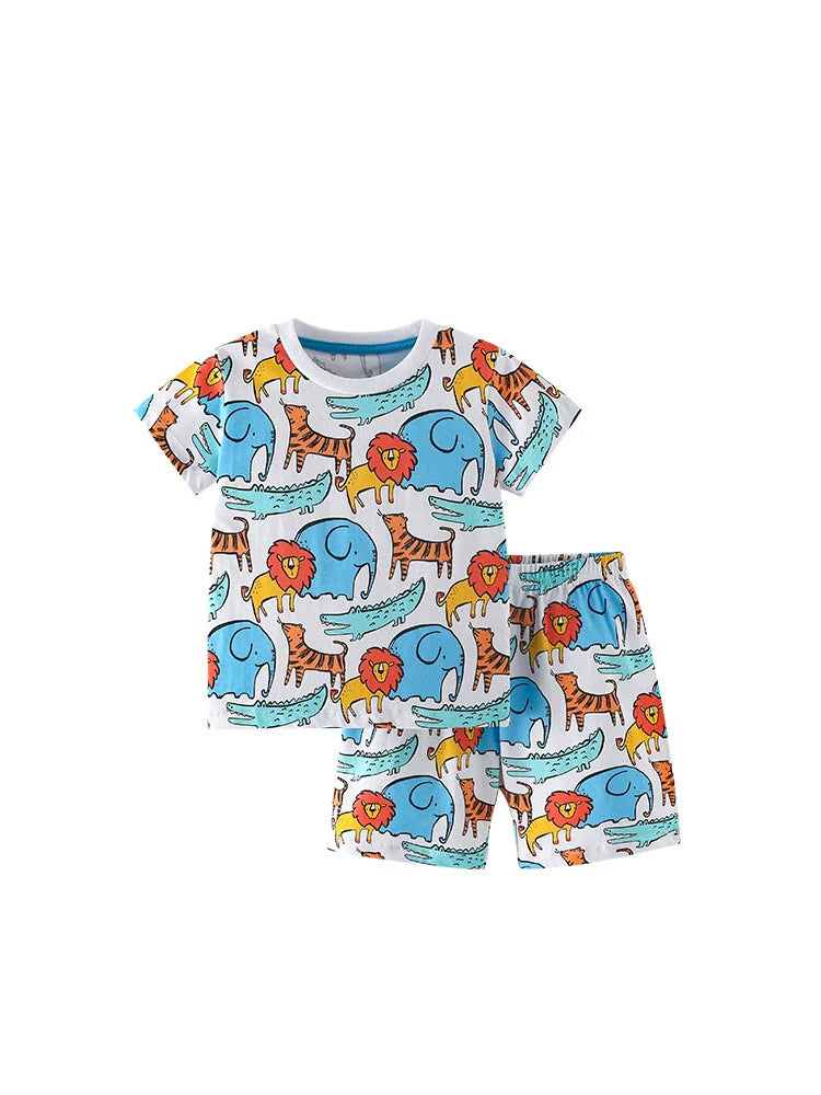 Summer Kids Cartoon Lion & Elephant T-Shirt & Shorts Set – Boys’ Casual Outfit